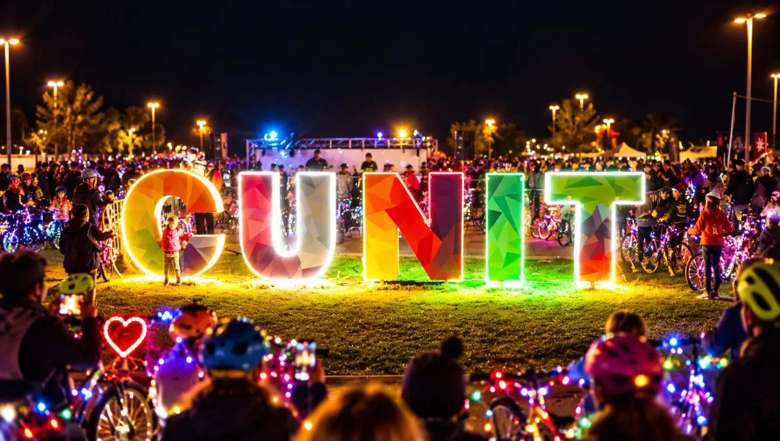 Lletres gegants de CUNIT il·luminades amb bicicletes decorades amb llums al Bike & Shine
