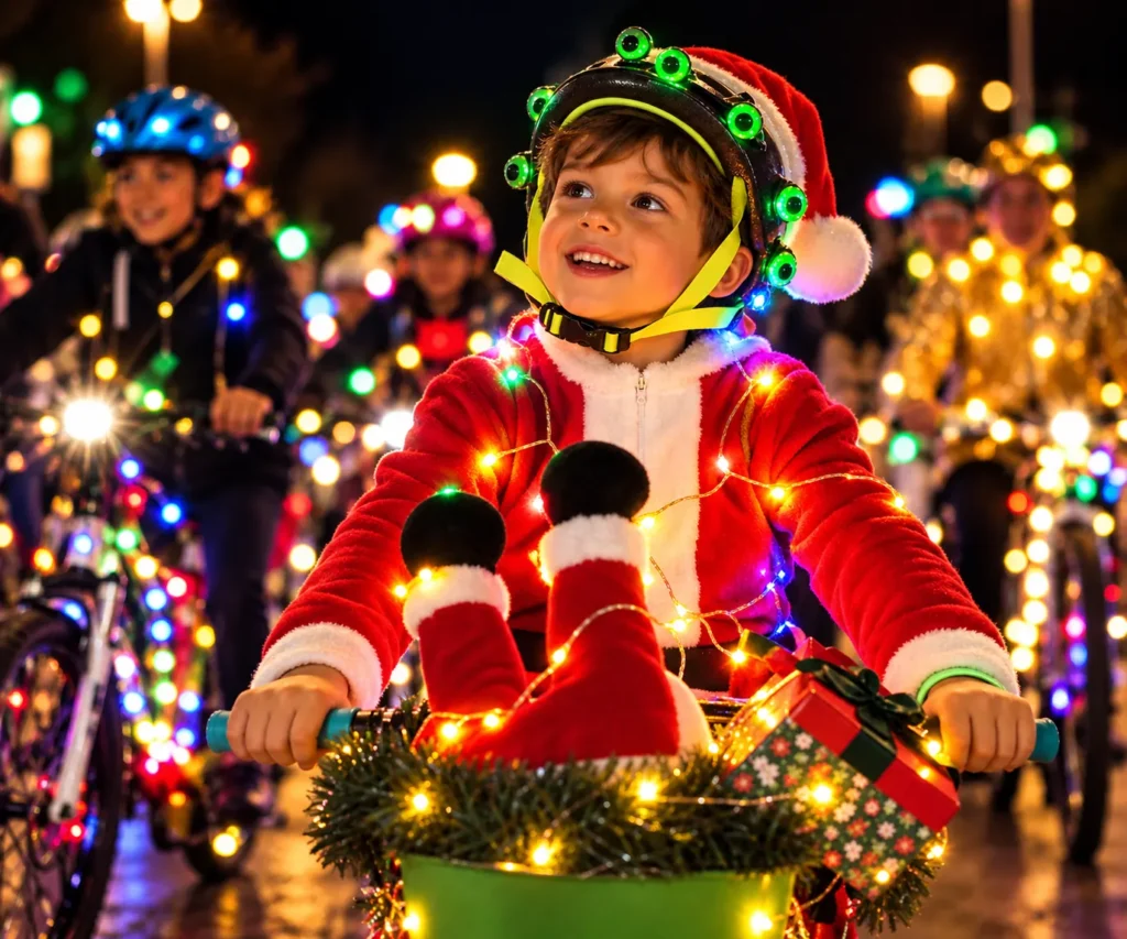 Nen somrient amb casc lluminós i bicicleta decorada amb llums de colors